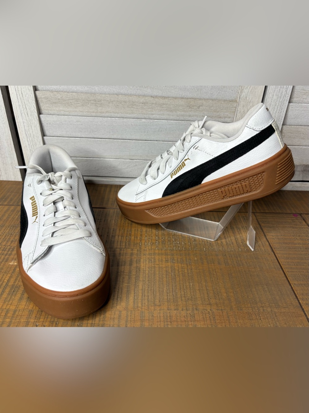 Puma Smash 3.0 Mono Twist Platform White Black Gum Womens 7 Sneakers GUC